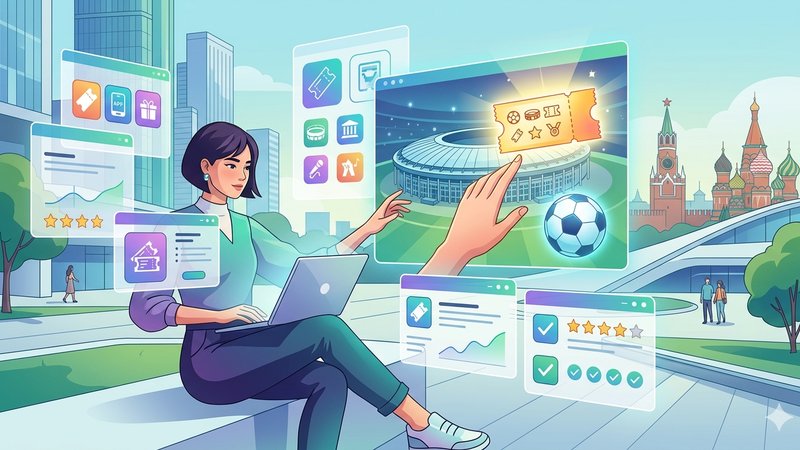 Современная иллюстрация футбольных билетов на фоне достопримечательностей Москвы для обзора лучших платформ 2026 года